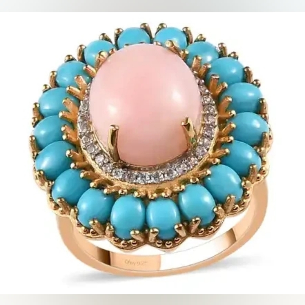 Peruvian Pink Opal and Turquoise with White Zircon Halo Ring